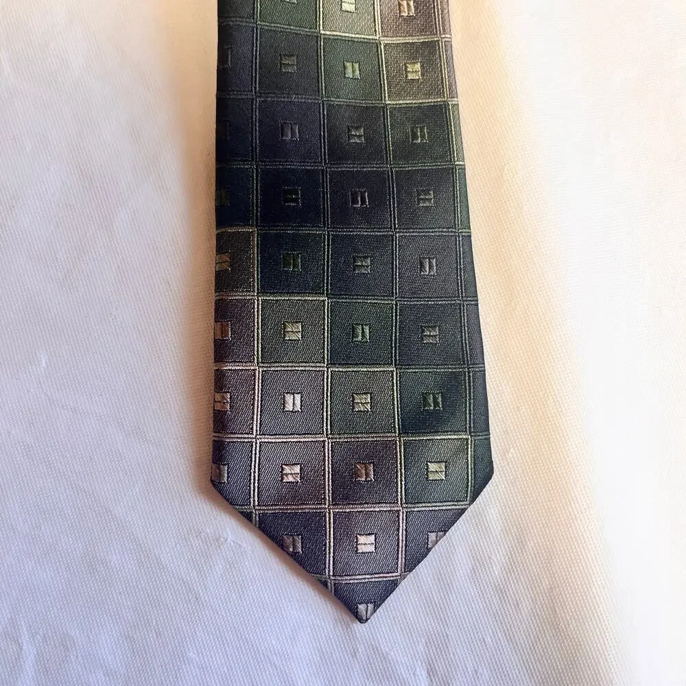 Joe Joseph Abboud Geometric Patterned Silk Necktie Shades of Green and Gray Tie
